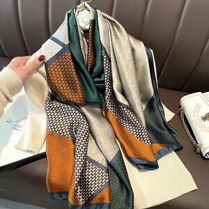 NEW Colorful Abstract Silky Fashion Scarf Burnt Orange Emerald Green & Beige